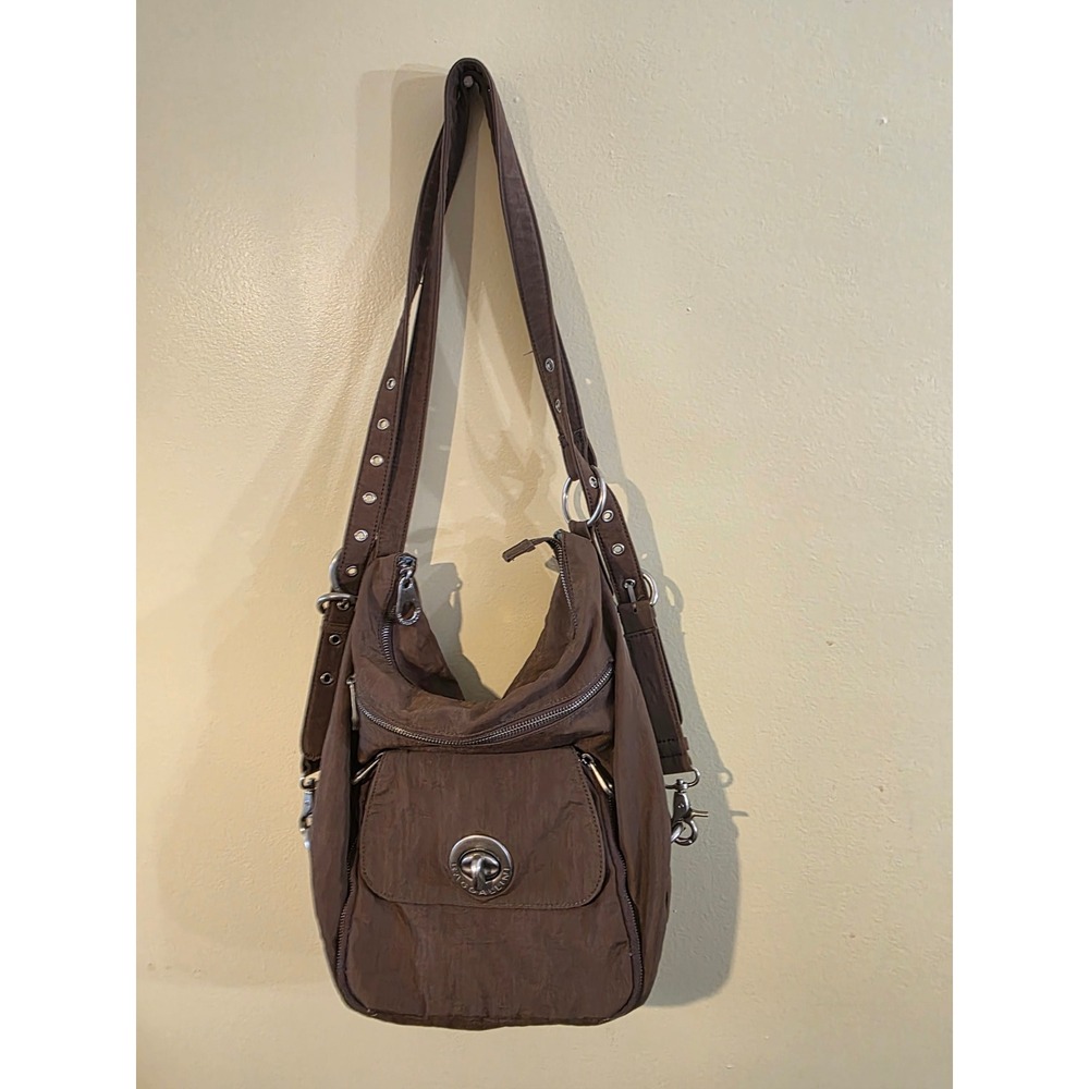 Baggallini Brown Nylon Crossbody Bag Travel Hobo Shoulder Purse Silver Hardware